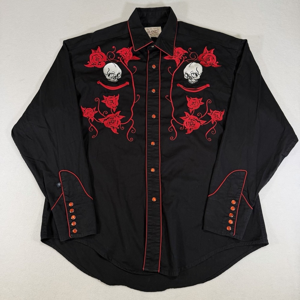 Vintage Black Rockmount Ranch Wear Colorful Embroidered Skull Mens XL Western